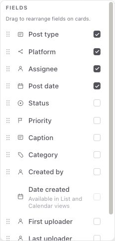 Sequence’s actual Fields menu, with native field icons, reorder handles and checkboxes for the properties shown on content cards.