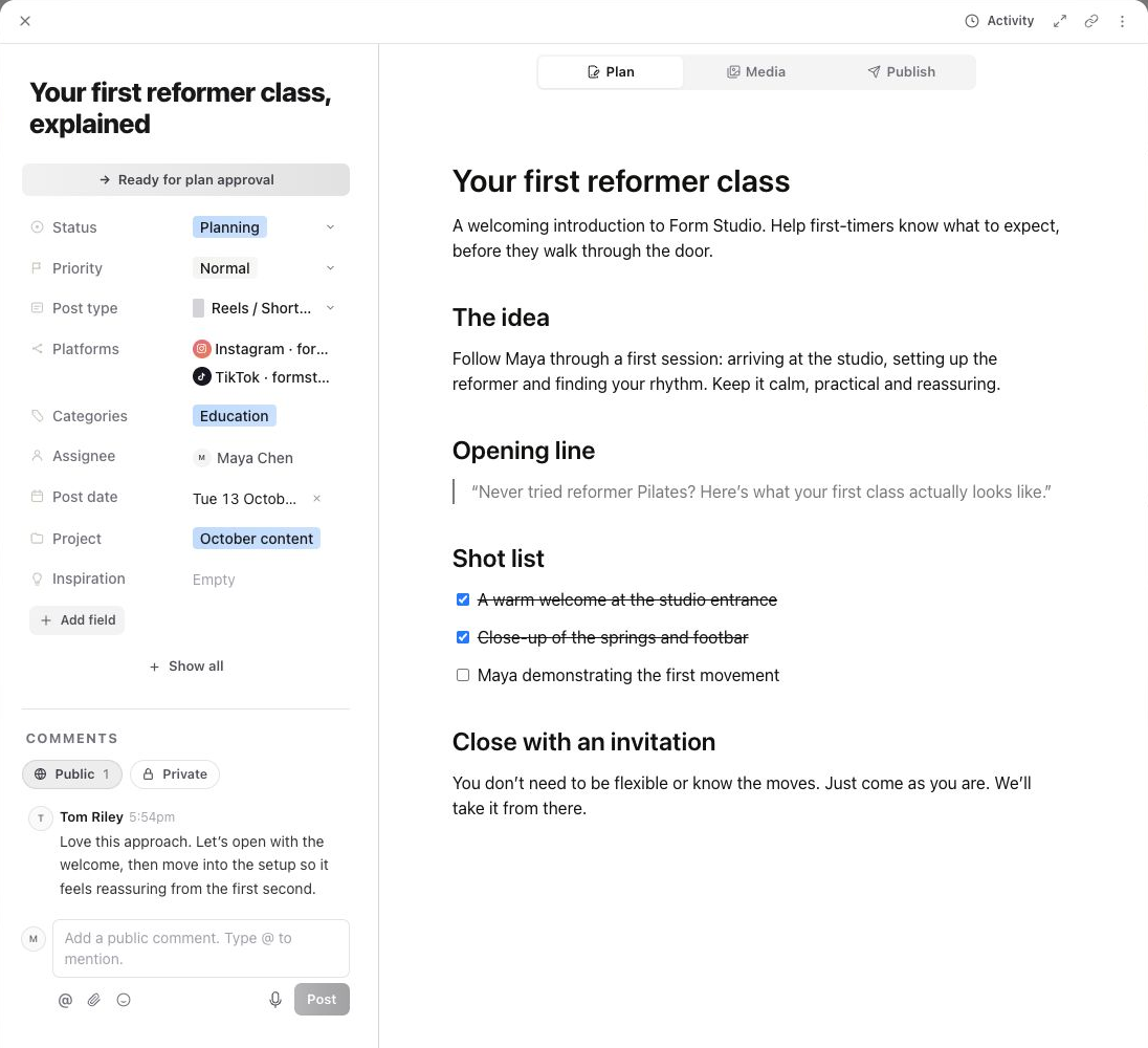 The real Sequence Plan editor, with the post’s properties and comments beside a formatted brief, opening line and shot checklist. Plan, Media and Publish sit together at the top.