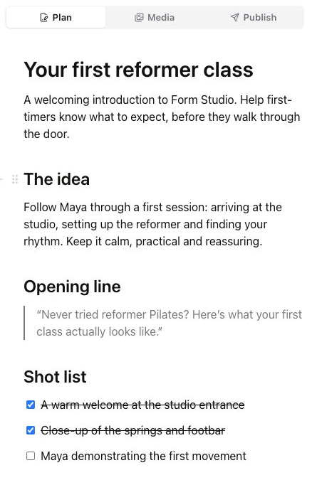 Sequence’s Plan editor at a narrow width, showing the native tabs, document headings, script and shot checklist.