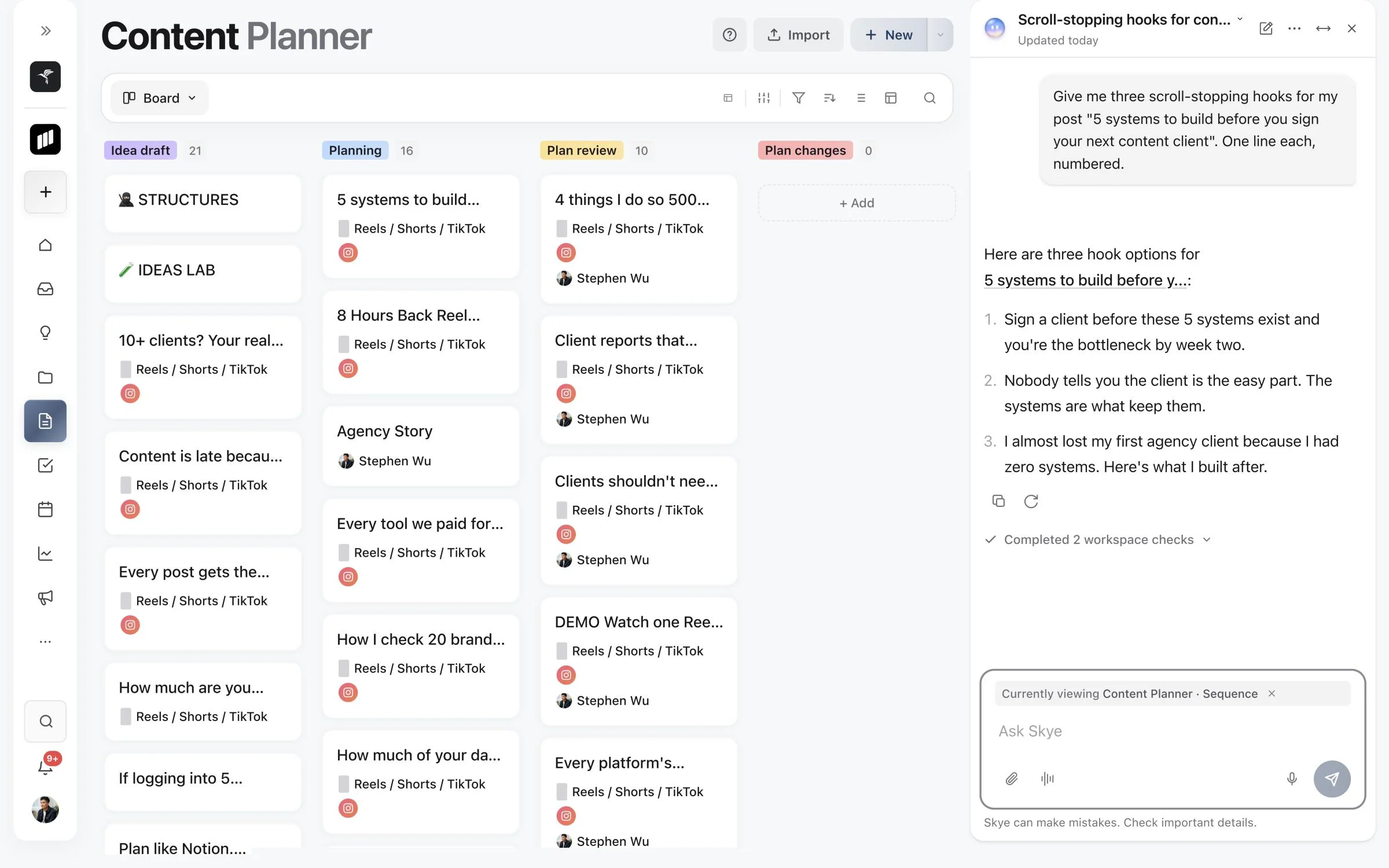 The Content Planner board with Skye docked beside it, writing three numbered hooks for a post.
