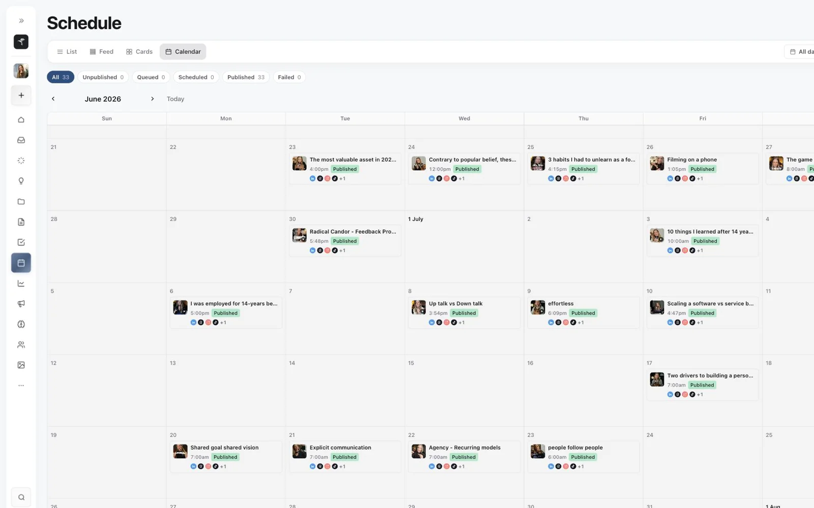 Sequence schedule calendar showing a client content plan across the month.