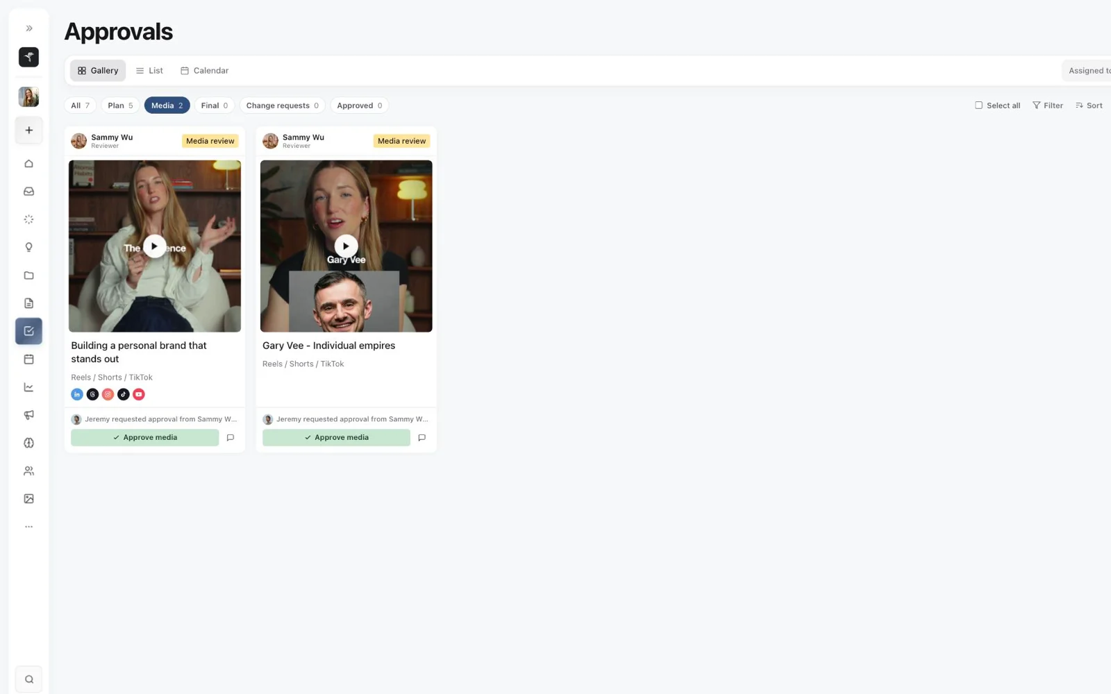 Sequence approvals gallery showing two social videos awaiting media review.