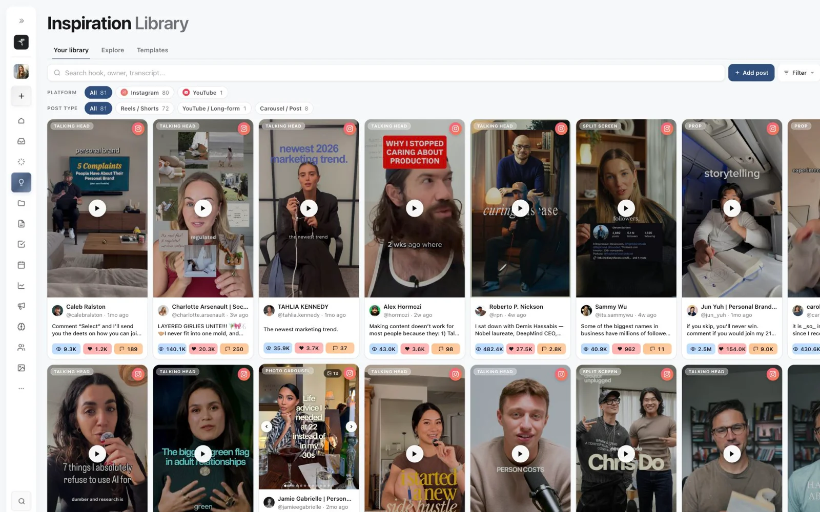 Sequence Inspiration Library grid of saved reference videos.