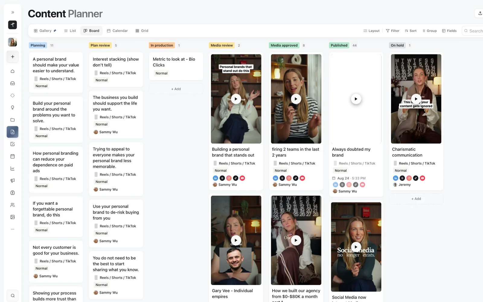 Sequence Content Planner in Board view with media review and approved video columns visible.